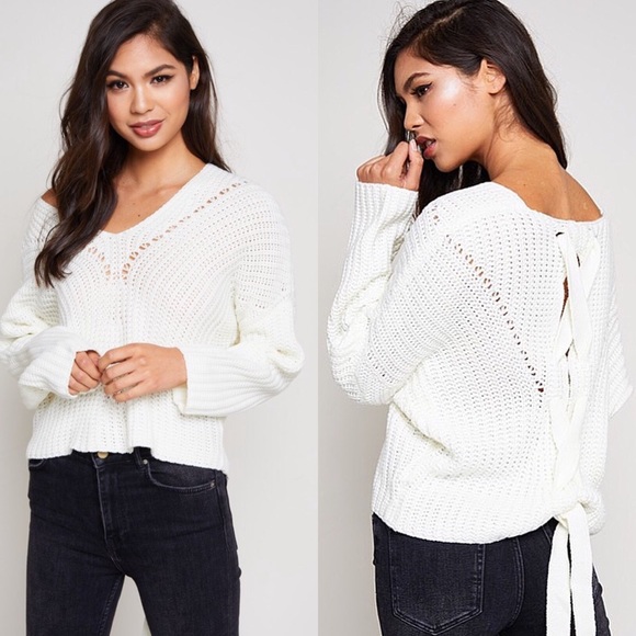 Small Ivory Lush V Neck Lace Up Back Long Sleeve Sweater - Picture 4 of 10